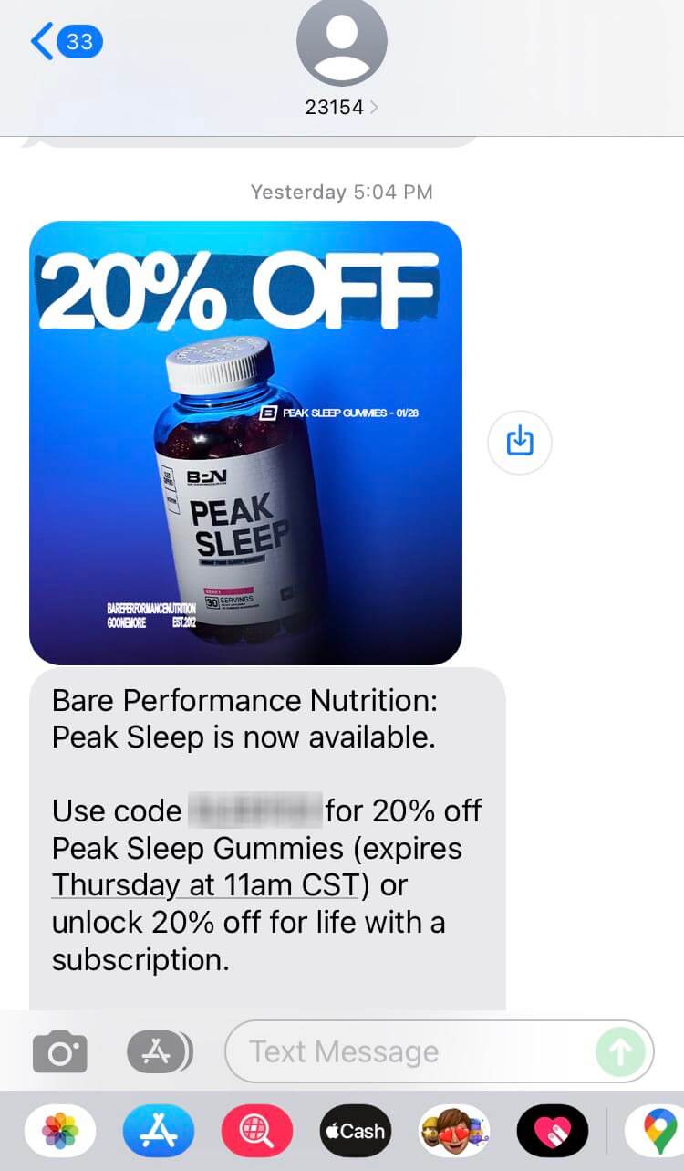 Short Code Bare Performance Nutrition text messaging